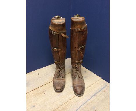 Pair of Gentleman's brown leather front laced hunting/polo boots with wooden trees