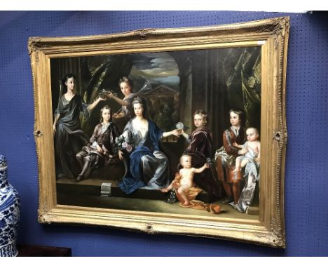 C20th school, "Family portrait group" in the C18th manner, oil on canvas 90x120cm