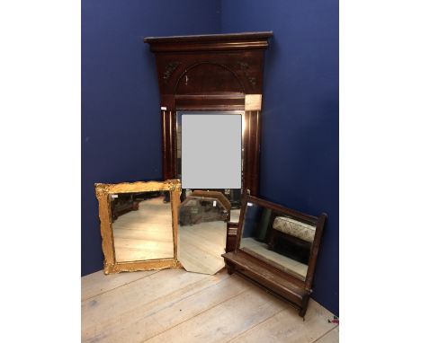 Large mahogany triple panel mirror 239cmH, another smaller mahogany framed mirror in swept frame, 158cmH and three small mirr