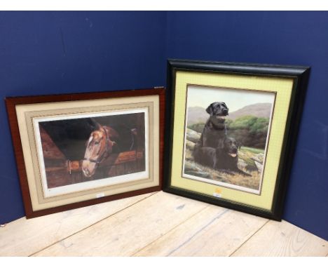 NIGEL HEMMINGS, signed lithograph of black Labradors and a JOHN FITZGERALD print of a horse in stable, signed, (2)