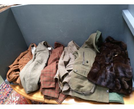 Duck Dri hunting jacket, 3 tweed sporting jackets, a suede coat & a fur jerkin by Irene Spierer, New York