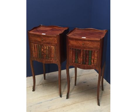 Pair of Transitional style Kingwood bedside tables with faux book shelf doors, on slender legs, 75Hx36Wcm