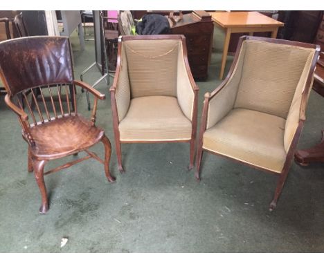 Pair of Edwardian mahogany satinwood banded bergere chairs, and a C19th country stick back chair