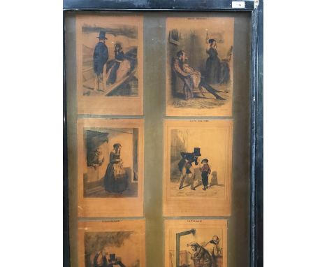 French decoupage five-fold screen with applied coloured figural lithograph within ebonised frames