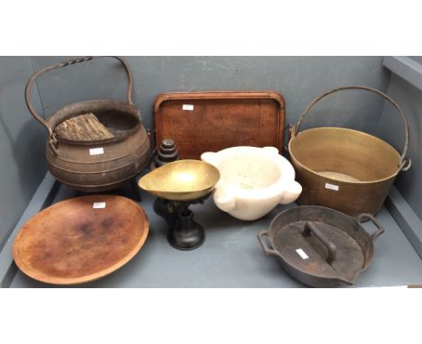Very large pestle, jam pan, kitchen scales, scuttle, etc
