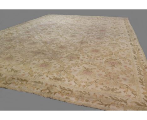 Rare and unusual c1920 light coloured Spanish Cuenca carpet with an Arts & Crafts design in neutral beige colours 5 x 3.8m