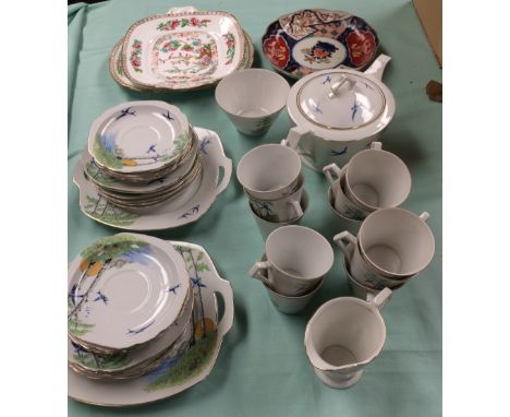 Czechoslovakian bone china tea service, decorated with swallows & a setting sun, 2 Indian Tree plates & a Japanese plate