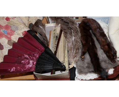 Assorted fans (some a.f.), a pair of grey fur and leather gloves, a fur collar, baby clothes etc Fan one - wear to the edges 