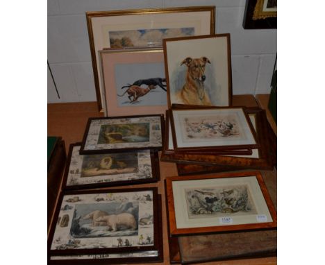 A watercolour of the Bedale Hunt, signed G A Short '43; two pastels depicting greyhounds; together with prints of animals and