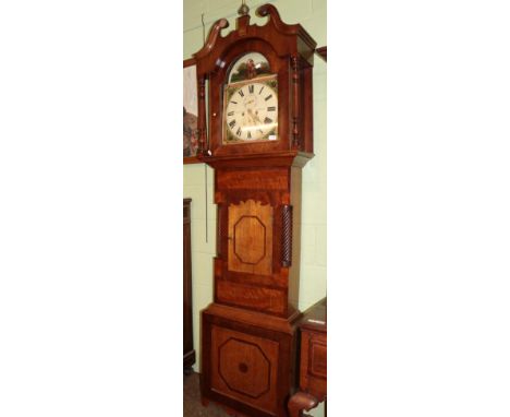 An oak and mahogany eight day longcase clock, painted arched dial, inscribed Dickenson, Skipton Dial possibly later associate