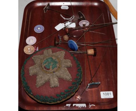 19th century bead work circular pin cushion with central thistle, Ruskin pottery hat pins, others etc