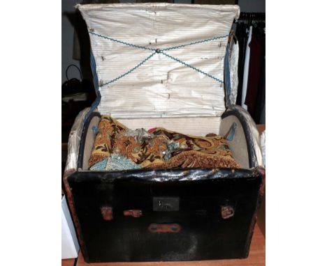 Assorted textiles and other items including a pair of 4ft Victorian pelmets, embroidered panel, tapestry seat cover, silk and
