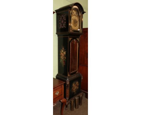 An ebonised and floral painted chiming longcase clock, signed Winterhalder Germany, circa 1910, arched pediment, bevelled gla