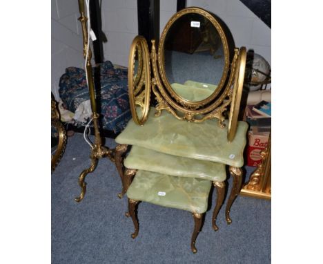 A set of three reproduction green onyx and gilt metal nesting tables, a reproduction gilt tryptic mirror and a gilt metal sta