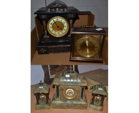 A Victorian slate mantel timepiece, a green onyx clock garniture and a Metameck mantel timepiece