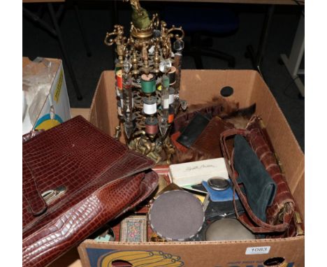20th century brass figural bobbin stand, circa 1940 crocodile handbags, suede clutch bag, inlaid hinged work box, wallets, tw