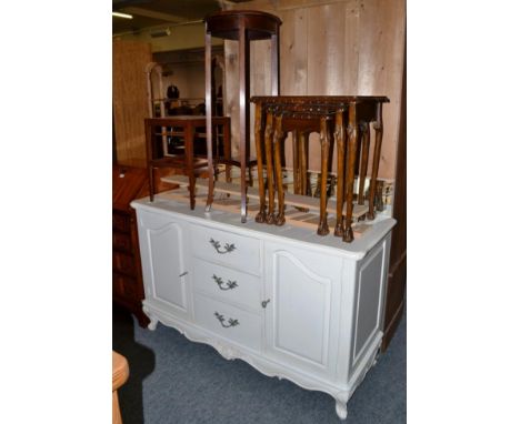 A white painted sideboard; a modern mirror; a nest of reproduction tables; a mahogany plant stand; a small string inlaid occa