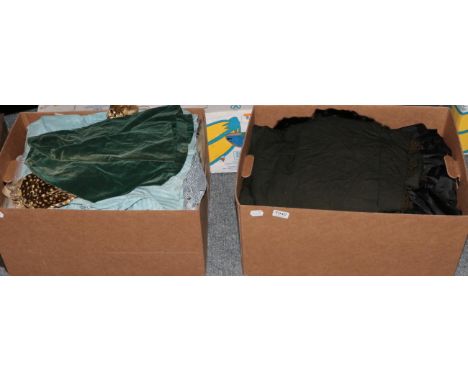 Victorian skirts, tops, two bodices (a.f.), silk brocade cloak with fur trim, black wool shawl, silk underskirts etc (two box