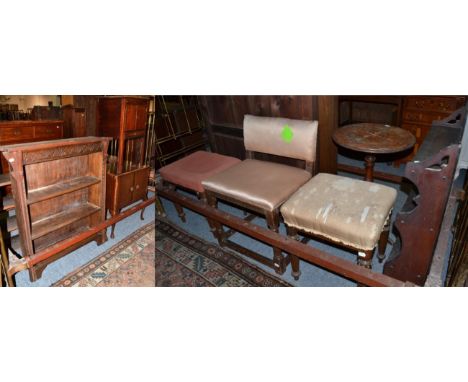 An Edwardian mahogany music cabinet; a three tier hanging shelf; an oak framed chair; a walnut veneered tripod table (a.f.); 