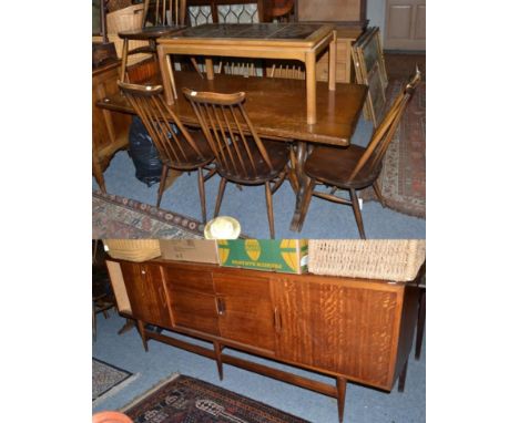 A 1970s Danish sideboard; a tile topped coffee table; oak trestle table; and a set of six Ercol stick back dining chairs (9)