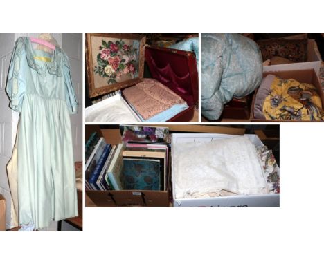 Assorted textiles including a part roll 'Bayeaux' printed cotton O'Hanlon screen print, red suitcase and contents, white line