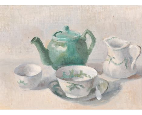 Circle of Dod Procter, still life of a green and white tea service, oil on canvas board, 12" x 16" (30 x 41cm).