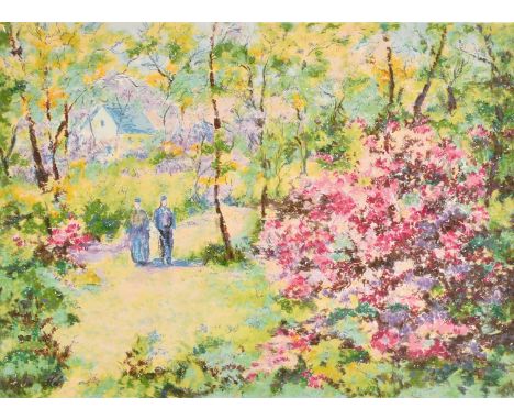 Lelia Pissarro (b. 1963), figures on a woodland path with wildflowers in bloom, serigraph, signed in pencil and numbered 212/