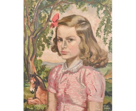 Arthur Ferrier (1890-1973), a portrait study of a young girl standing in front of a horse, oil on canvas, signed, 20" x 16" (