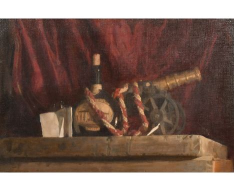 George Weissbort (1928-2013), a still life study of items on a shelf including a canon, oil on canvas laid down, signed and d