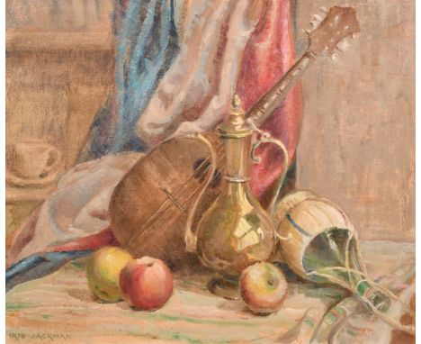 Iris Jackman, Still life with carafe, apples and a mandolin, oil on canvas board, signed, 20" x 24" (50 x 61cm).
