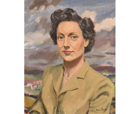Arthur Ferrier (1890-1973), a portrait study of a young woman with a landscape view beyond, oil on canvas, signed, 20" x 16" 