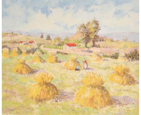 Lelia Pissarro (b. 1963), figures in a field amongst hay stooks, serigraph, signed in pencil and numbered 275/300, image size