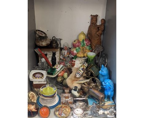 A mixed lot of ceramics to include glass figures, paperweights, Oriental blue ceramic cat and dog, a Goebel model of a bird a