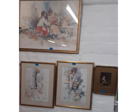 Gordon King-Three 1980's signed prints together with a pears 'Bubbles' print, F.J Ballantine-A river sunset scene with church