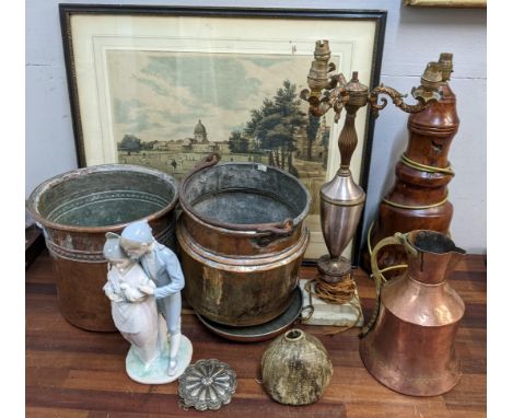 Mixed items to include copper pales, two lamps, a large Nao figure, a Martin studio pottery vase, a cricket print, and other 