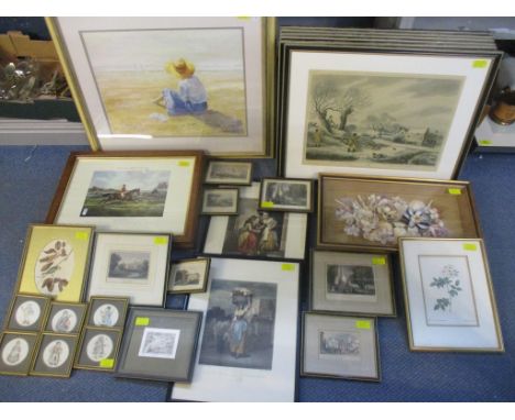 A quantity of framed and glazed prints to include a set of six hunting pictures, a signed shell picture, set of six hand colo