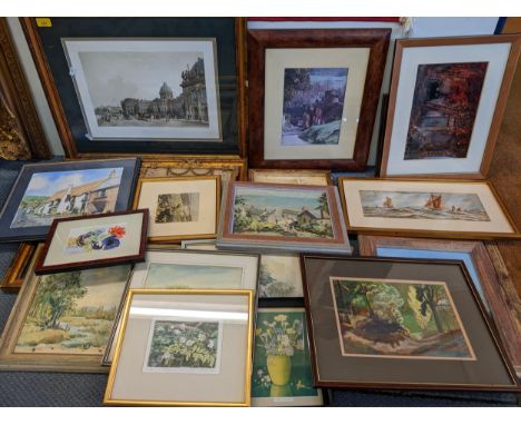 Mixed pictures to include a watercolour seascape depicting sailing boats, initialled A M to one corner Location: 