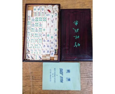 Colorful Chinese Mahjong Set with Tiles, Dice and Counters on