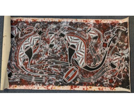 An aboriginal oil on canvas, unframed, 56 x 107cm 