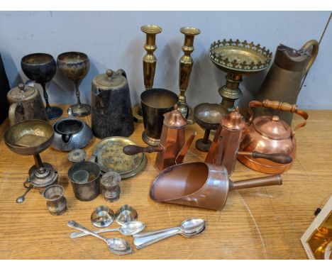 Silver plate and metal to include a gothic inspired brass candlestick, teaware and other itemsLocation: 