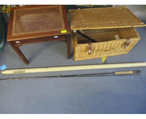 A lot to include an Edwardian mahogany cane seated stool, a Sage Graphite III model GFI 690 RPL fishing rod in metal tube, a 