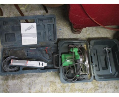 A cased Bosch GSA 1100 E Professional reciprocating saw and a Hitachi C75B2 circular saw 