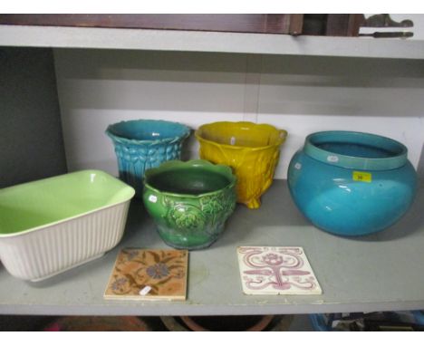 A selection of Victorian and later art pottery jardinières and tiles to include two Burmantoffs blue glazed jardinieres, a Cl