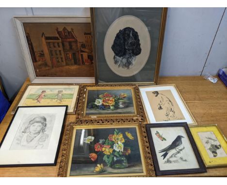 Pictures to include a pair of 19th century still life's, oil on board, a watercolour signed Louis Wain, a pastel of a Cocker 