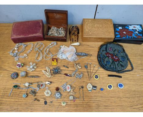 Costume jewellery to include a micro mosaic brooch, a Brook Motors Limited enamel badge, Saga Club badges, Aurora Borealis ne