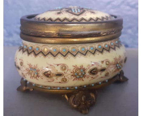 A 19th Century French porcelain decorated and footed trinket box with fitted interior, together with a vintage light brown mi