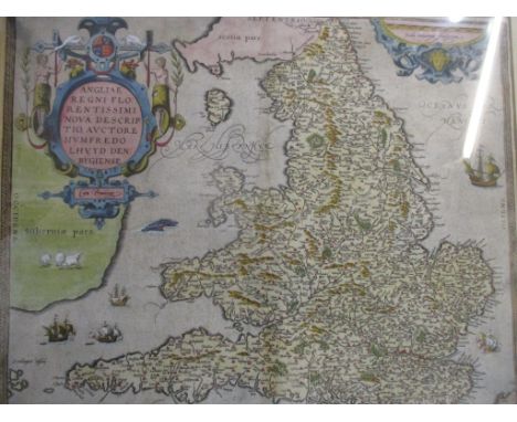 Abraham Orteluis - a map of England and Wales, hand coloured, titled 'Anglise Regni Filo Rentissimi Nora Descriptio Artcore H