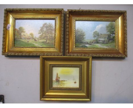 R Rhead Simm - two rural cottage scenes with trees and haymaking, oils on board, signed lower right, 13cm x 18cm, in gilt fra