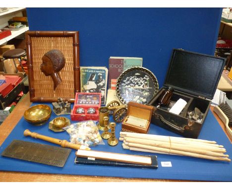 A brass cannon, a box containing keys, Tetley figures, brass candlesticks, etc.