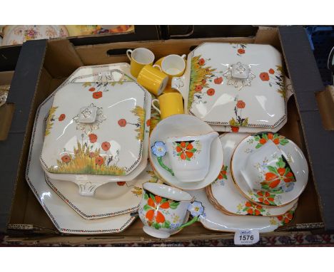 A Wellington china hand-painted floral part teaset and Crown Ducal Poppy dinnerware, etc.